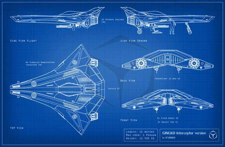 Spaceship engineering blueprint with multi-view CAD design